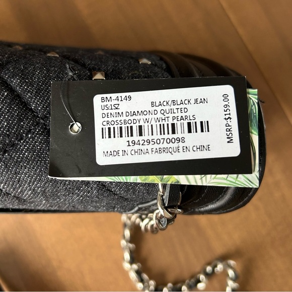 Badgley Mischka Black Denim Diamond Quilted Crossbody Bag Purse Faux Pearls NWT - Picture 12 of 14